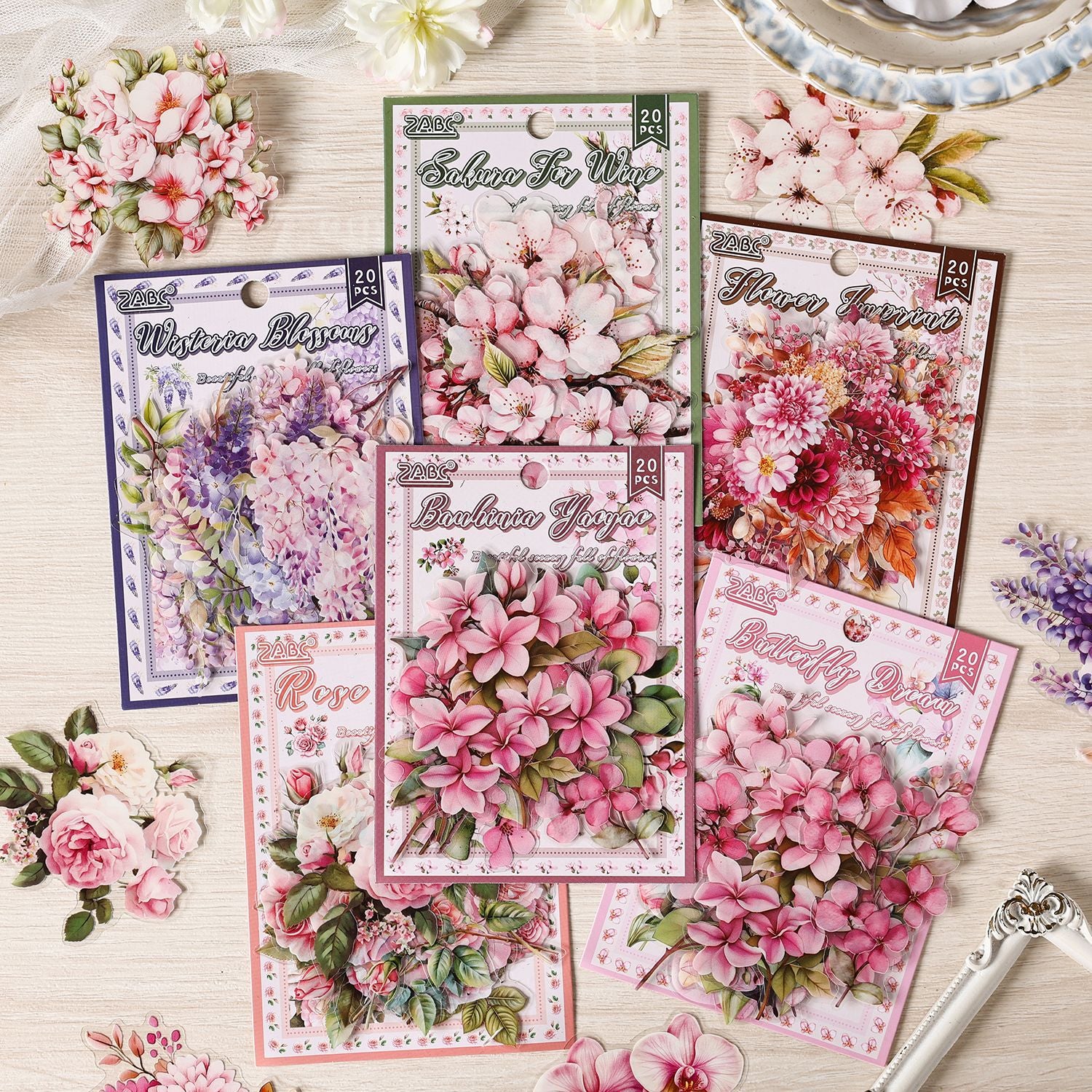 20 Pcs Pink Flower PET Stickers HMJJ