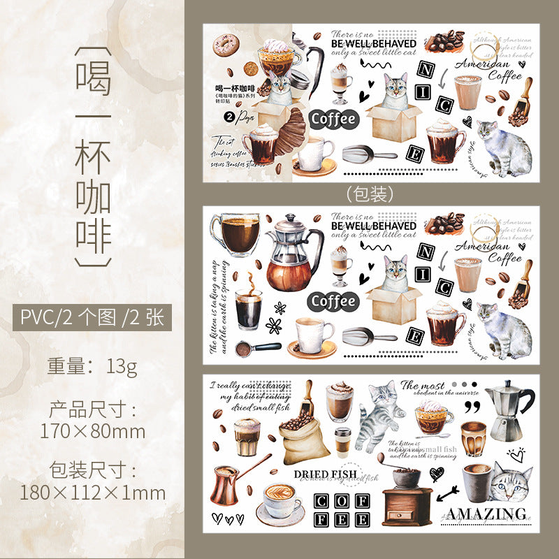 2 Sheets Cat Coffee Transfer Stickers HKFDM