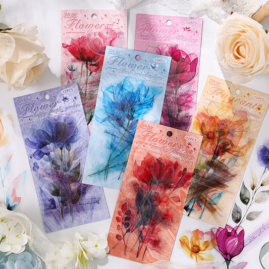 12 Pcs Flower and Sentence PET Stickers WYHK