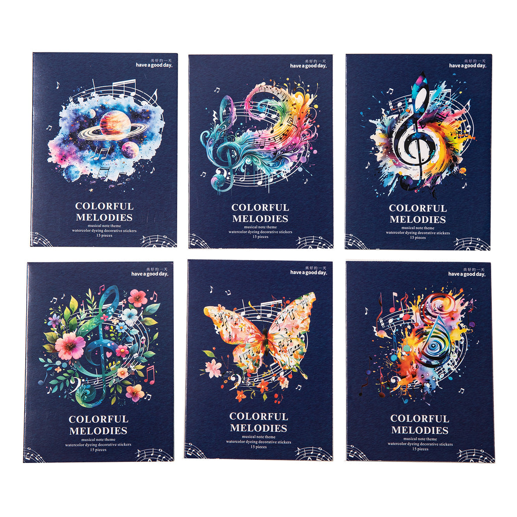 15 Pcs Watercolor Musical Notes PET Stickers CSXL