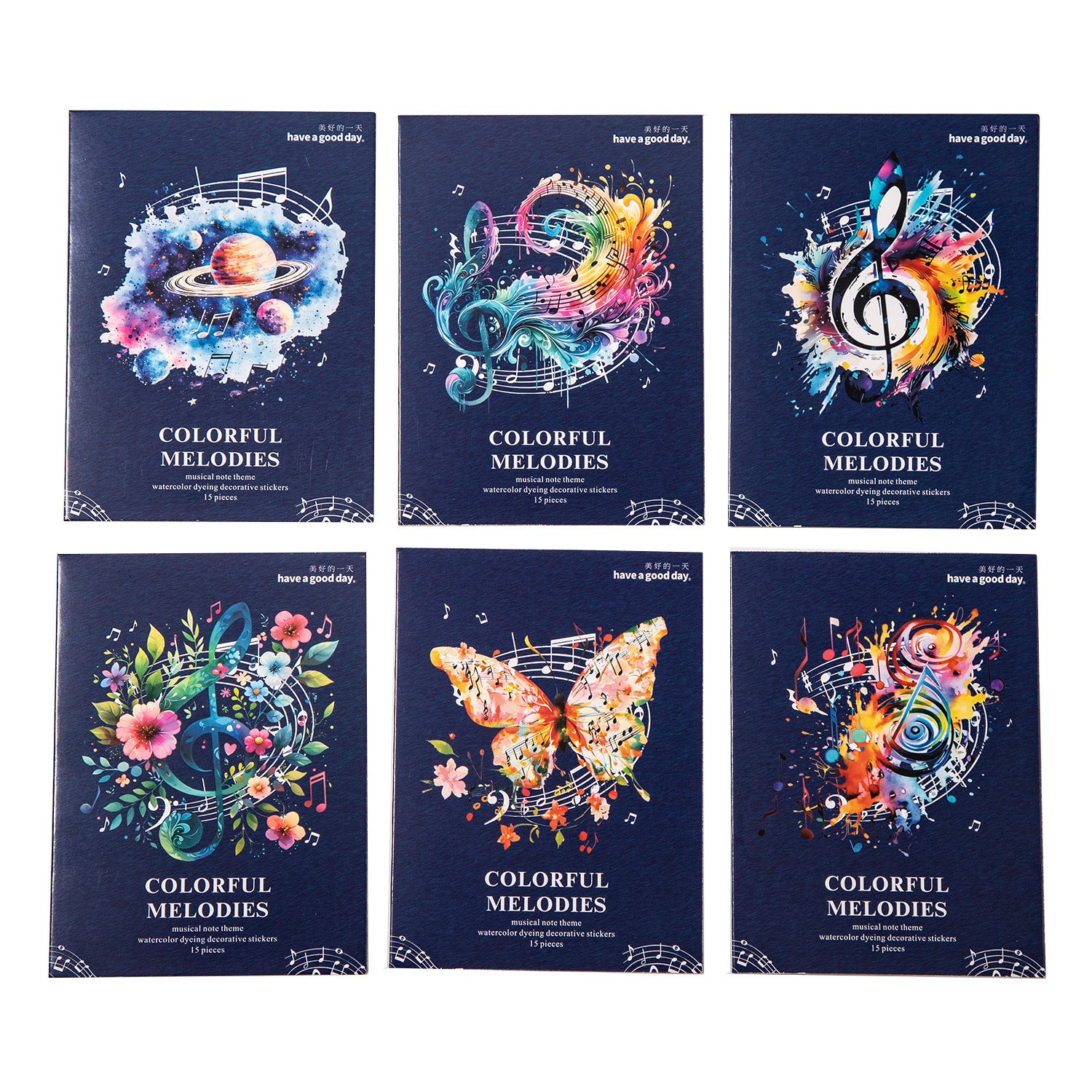 15 Pcs Watercolor Musical Notes PET Stickers CSXL