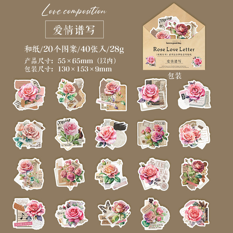 40 Pcs Rose Themed Washi Stickers MGQS