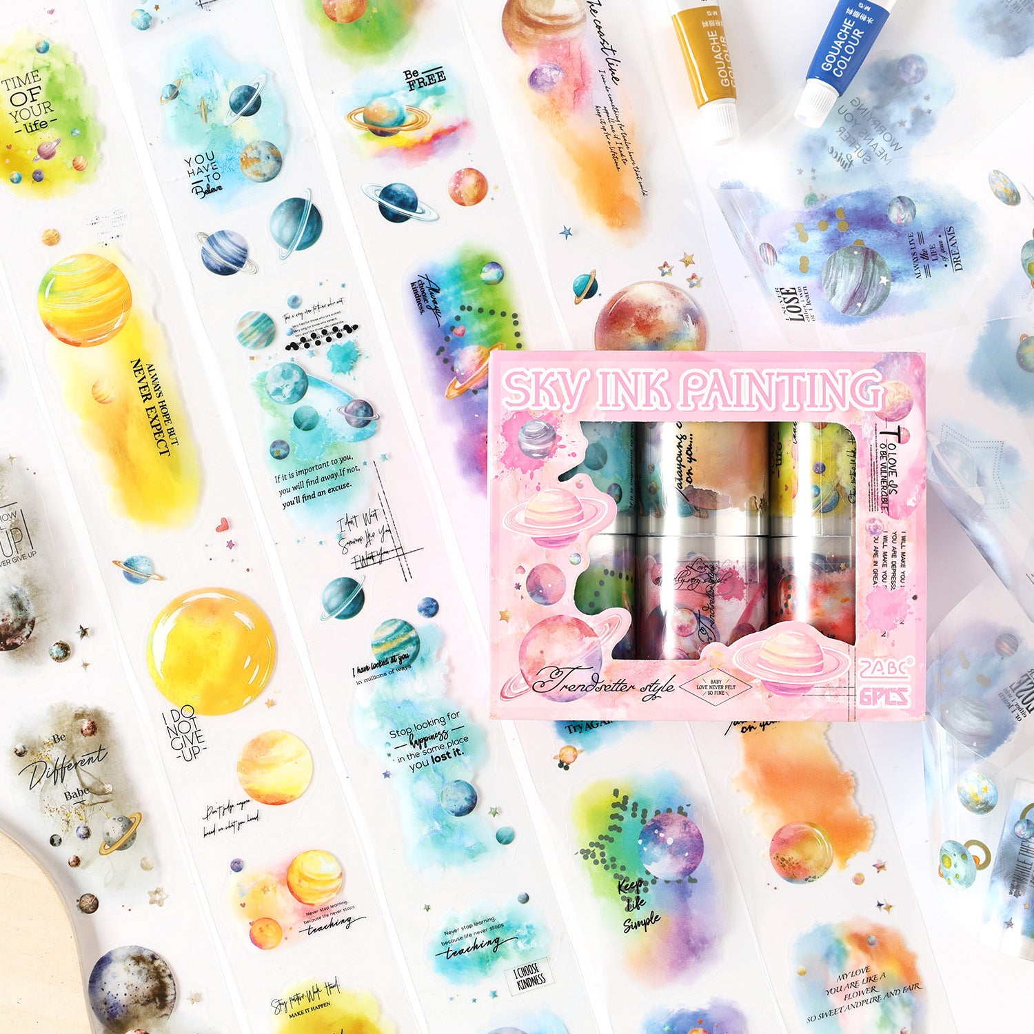 6 Rolls Watercolor Planets PET Sticker Tapes Set SMXY