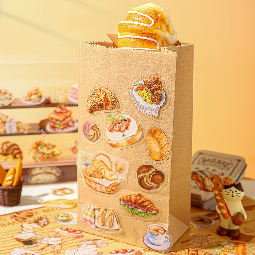 100 Pcs Bread Dessert PET Stickers with Collection Box MBHBS