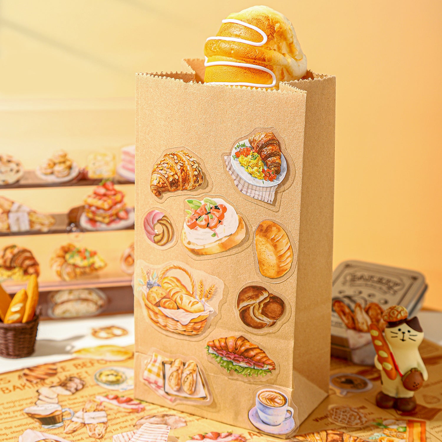 100 Pcs Bread Dessert PET Stickers with Collection Box MBHBS