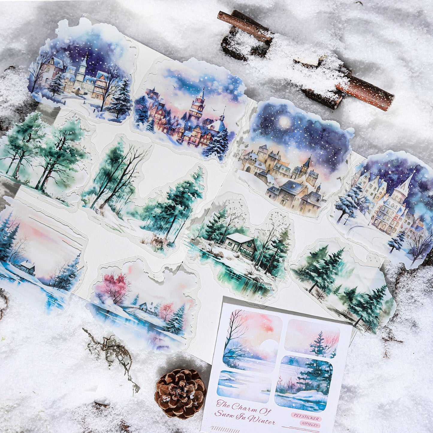 10 Pcs Snow Winter Landscape PET Stickers DRXY