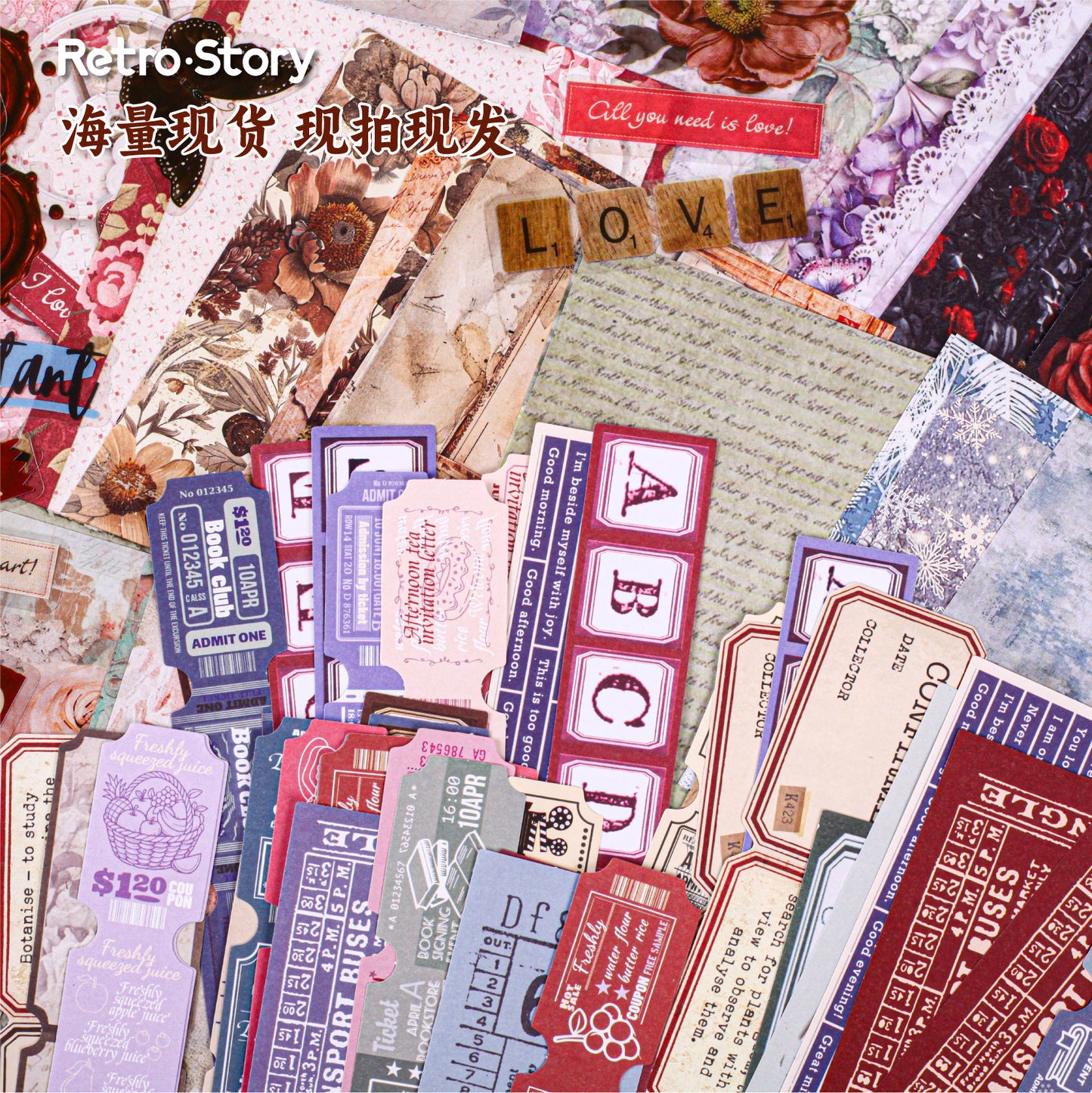 50 Pcs Vintage Floral Journal Paper and Stickers Kit DLHY