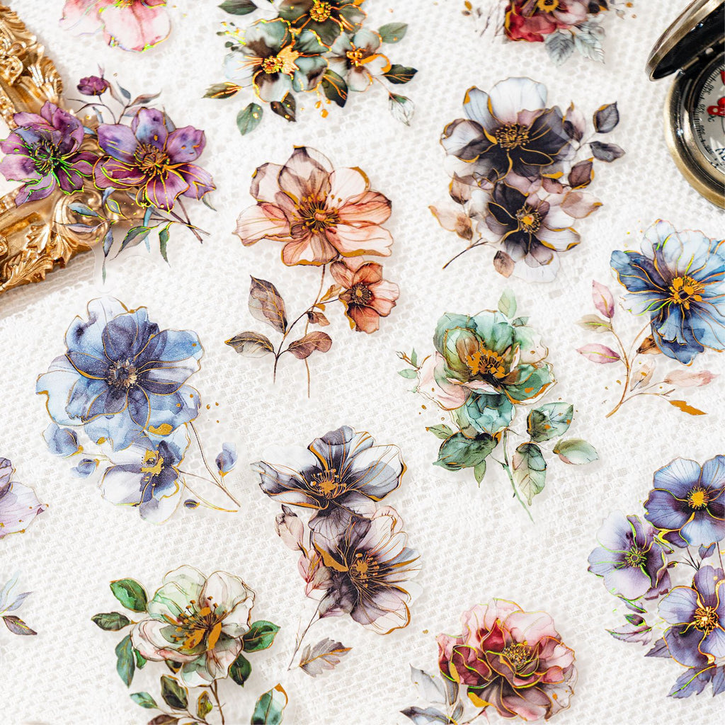 20 Pcs Glitter Flower PET Stickers FHZX