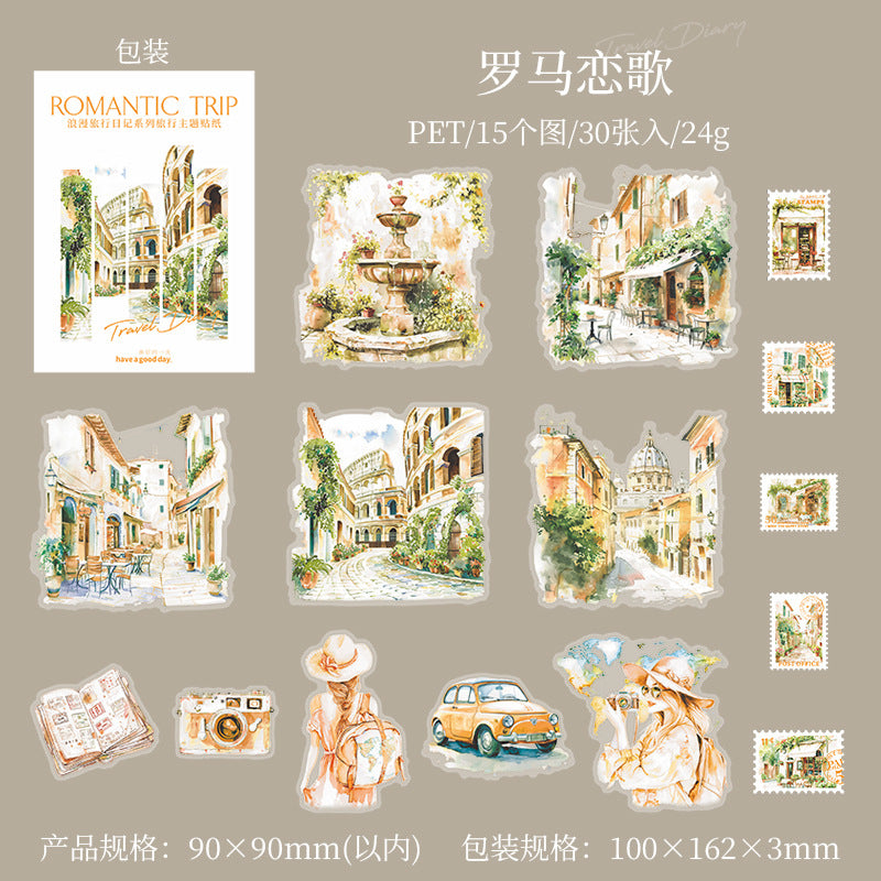 30 Pcs Travel Themed PET Stickers LMLX
