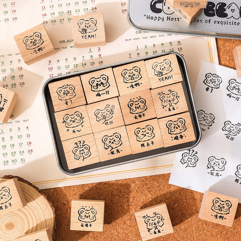 12 Pcs Bear Wooden Stamps Kit XFXW