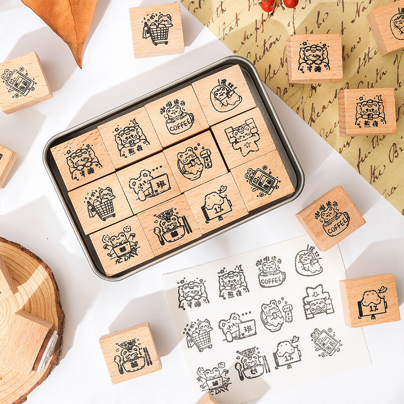 12 Pcs Bear Wooden Stamps Kit XFXW