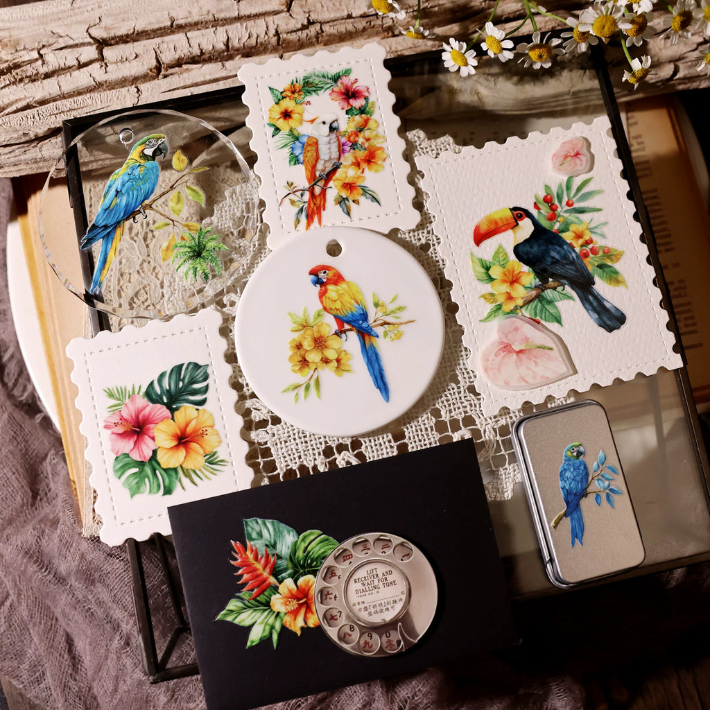 2 Sheets Waterproof Rub on Stickers - Tropical Parrot