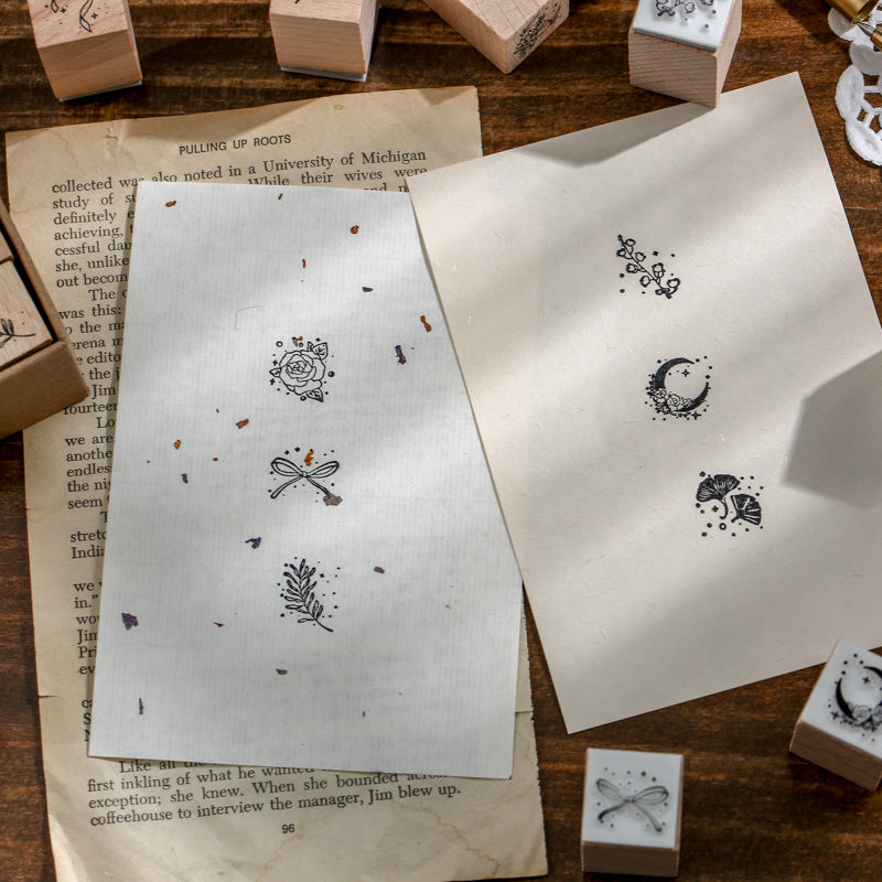 12 Pcs Celestial Flora Vintage Stardust Botanical Wooden Stamp Set