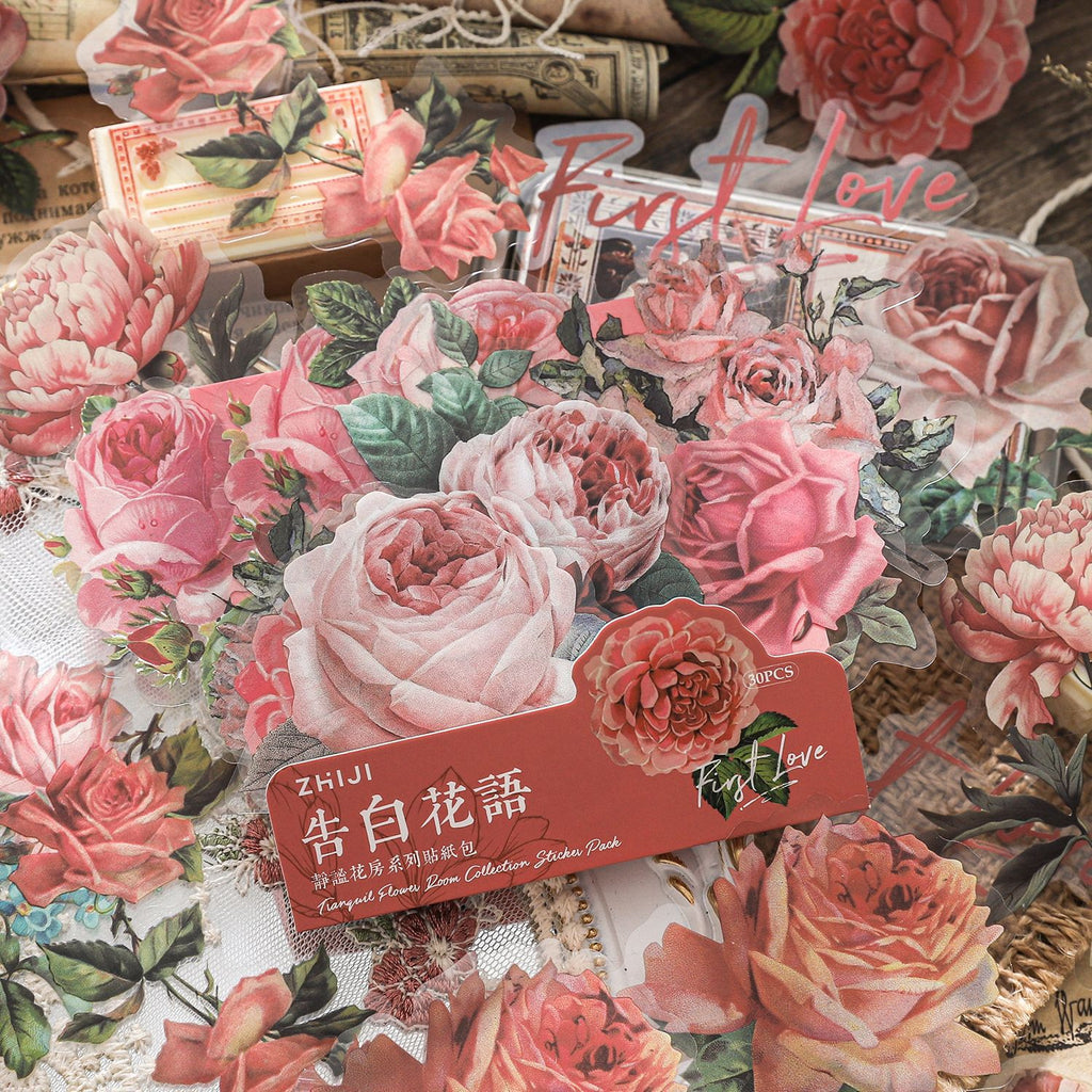 30 Pcs Vintage PET Flower Stickers JMHF