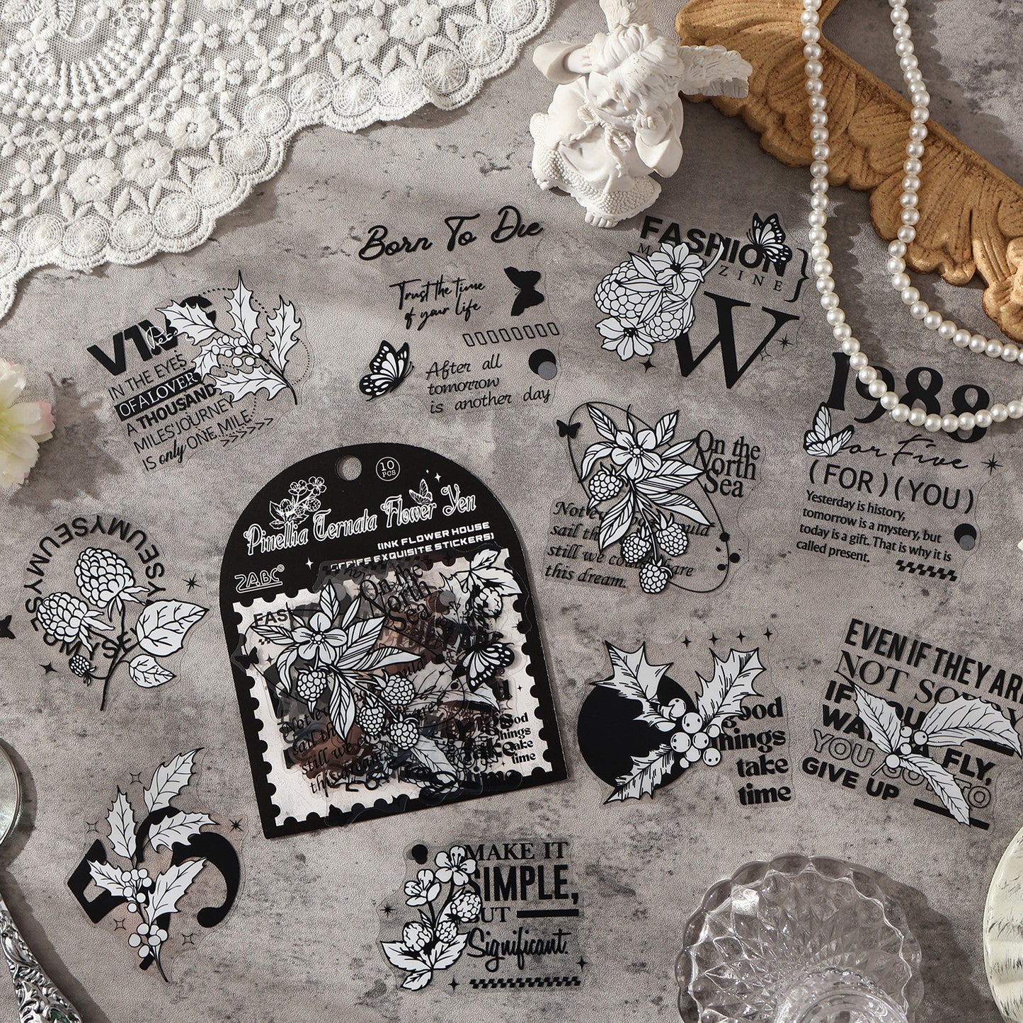 10 Pcs Black White Collage PET Stickers MSHF