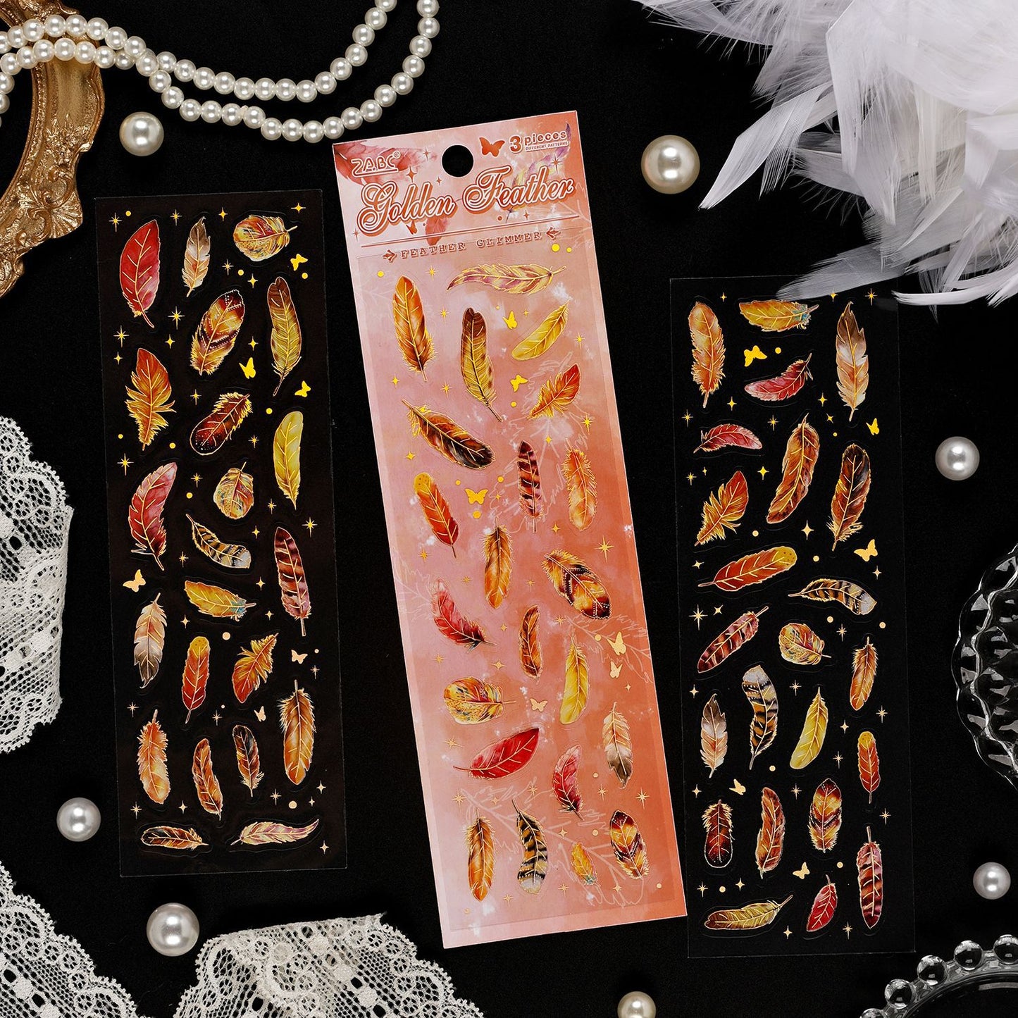 3 Sheets Gold Foil Feather PET Stickers YLWG