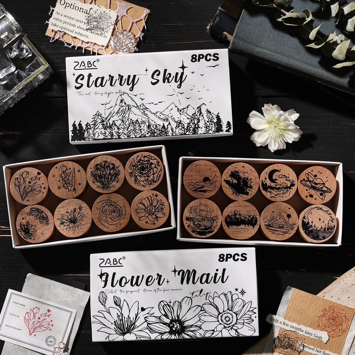 8 Pcs Flower Galaxy Wooden Stamps Kit XCXY