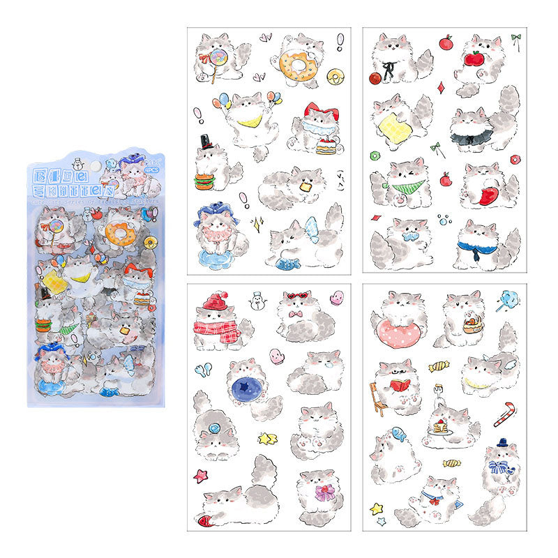 4 Pcs Kawaii Cartoon Cats PET Stickers - Blue