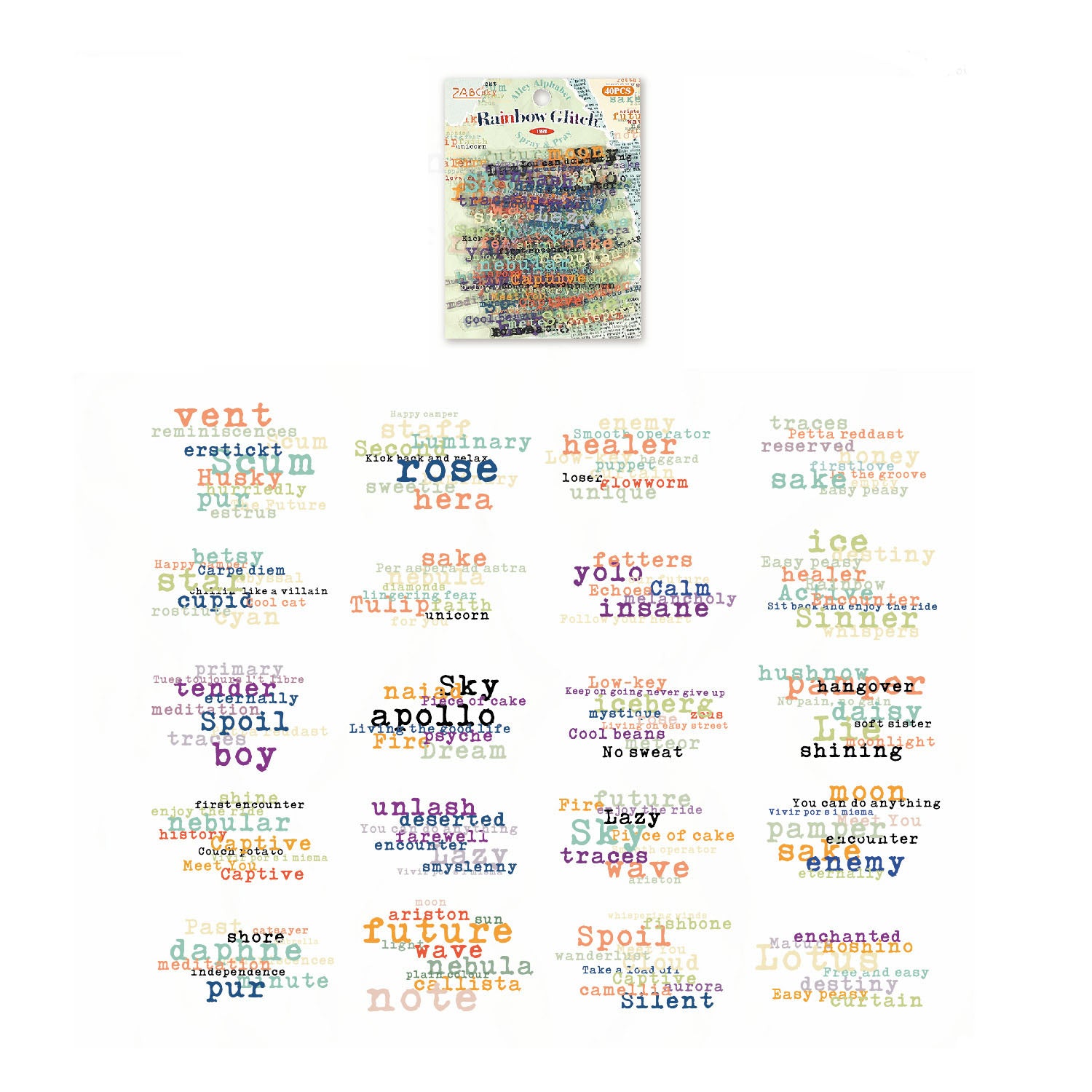 40 Pcs Vintage Typography Quotes PET Stickers - Rainbow
