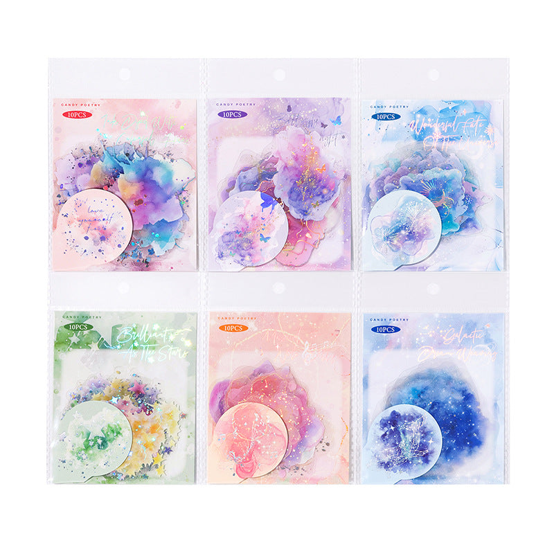 10 Pcs Watercolor Glitter Galexy PET Stickers LGYC