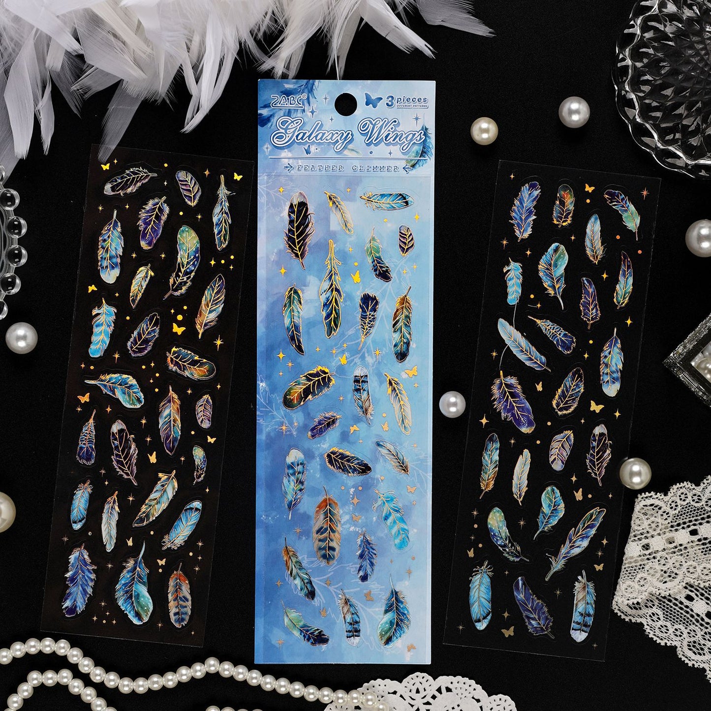 3 Sheets Gold Foil Feather PET Stickers YLWG