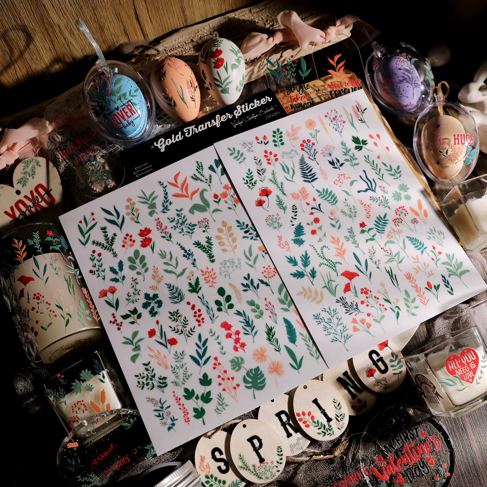 2 Sheets Waterproof Rub on Stickers - Green Leaf