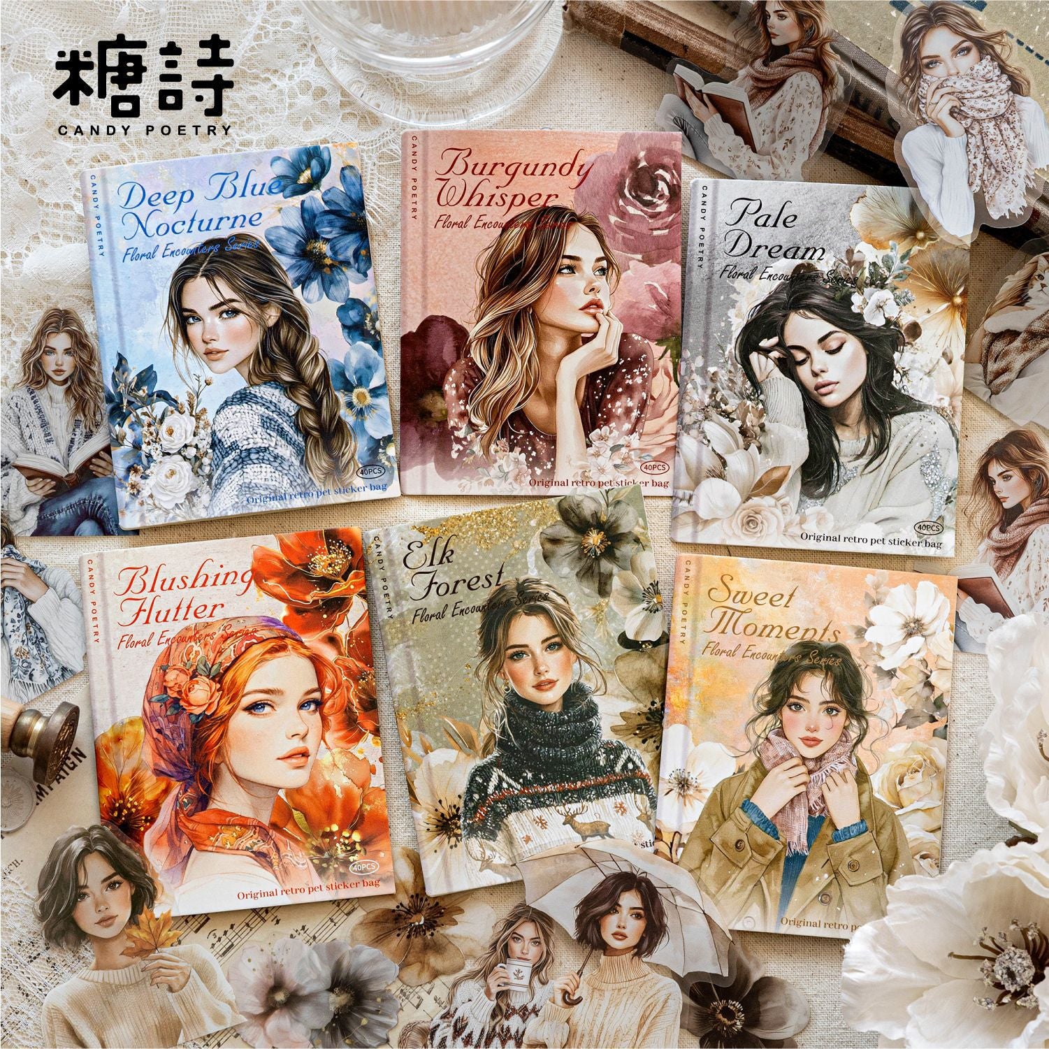 40 Pcs Cozy Girl and Flower PET Stickers FHXH