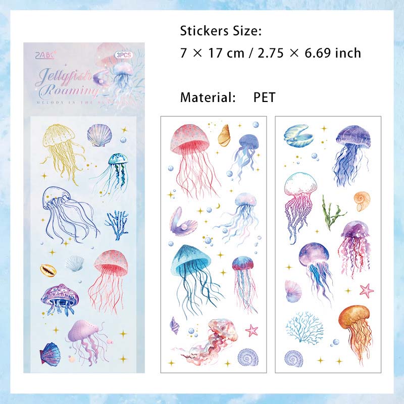 3 Sheets Feather Jellyfish PET Stickers LGMY