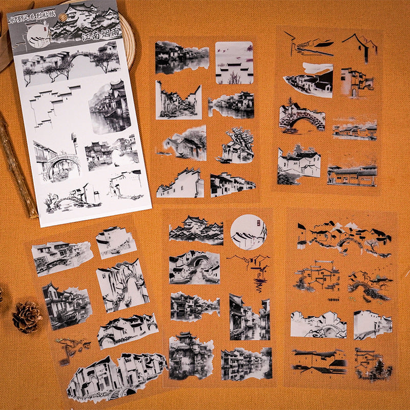 6 Pcs Ink Painting Style PET Stickers SMFX