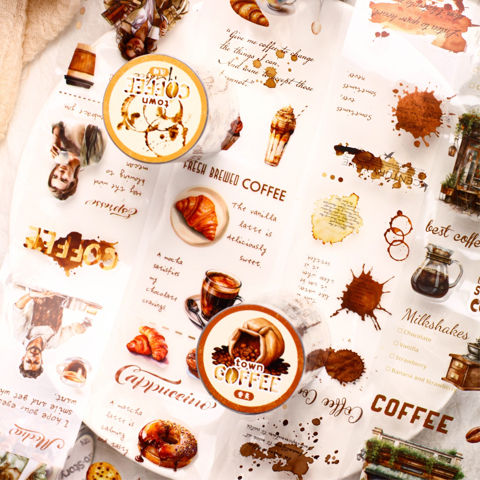 1 Roll Coffee Theme PET Stickers Tape KFZX