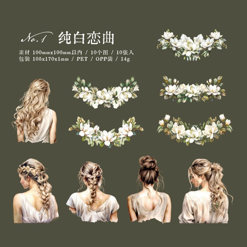 10 Pcs PET Flower and Girl Stickers HJBJ