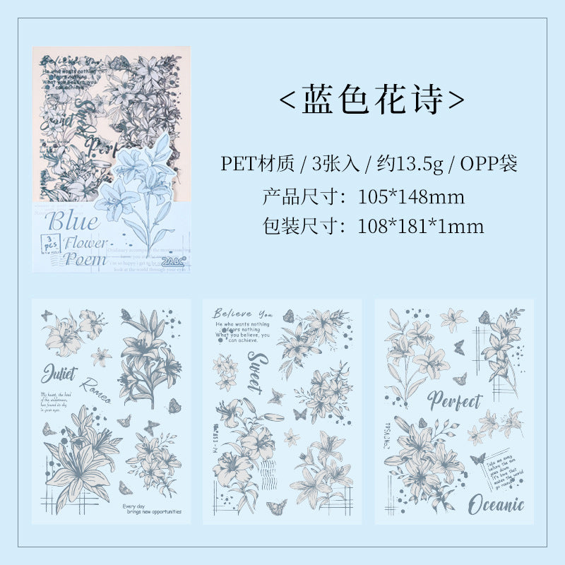 3 Sheets PET Flower Stickers HYSX