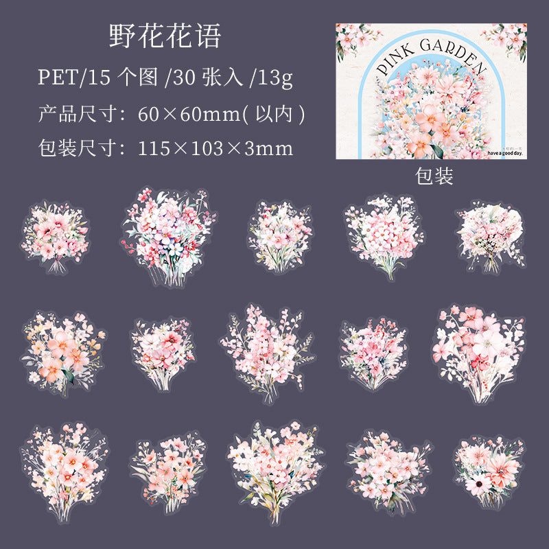 30 Pcs Pink Flower PET Stickers FZHY