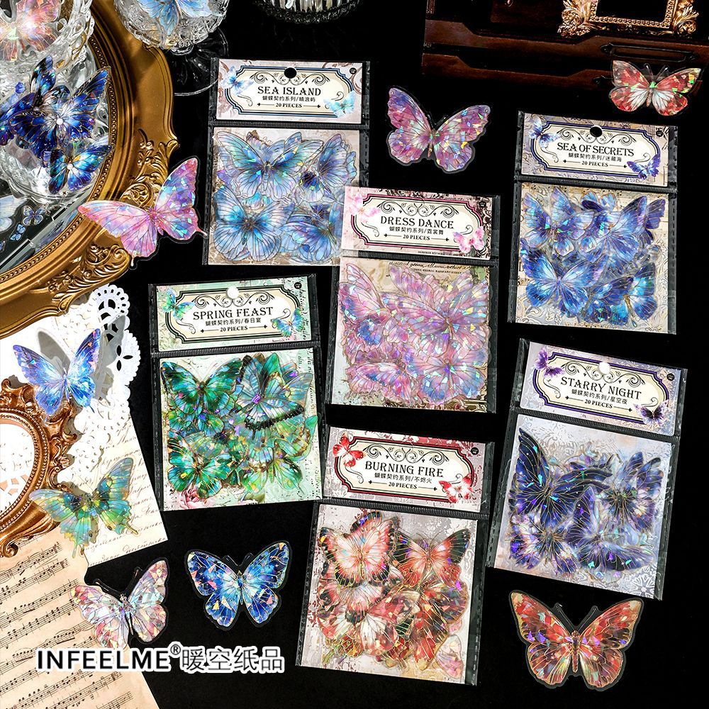 20 Pcs Holographic PET Butterfly Stickers HDQY