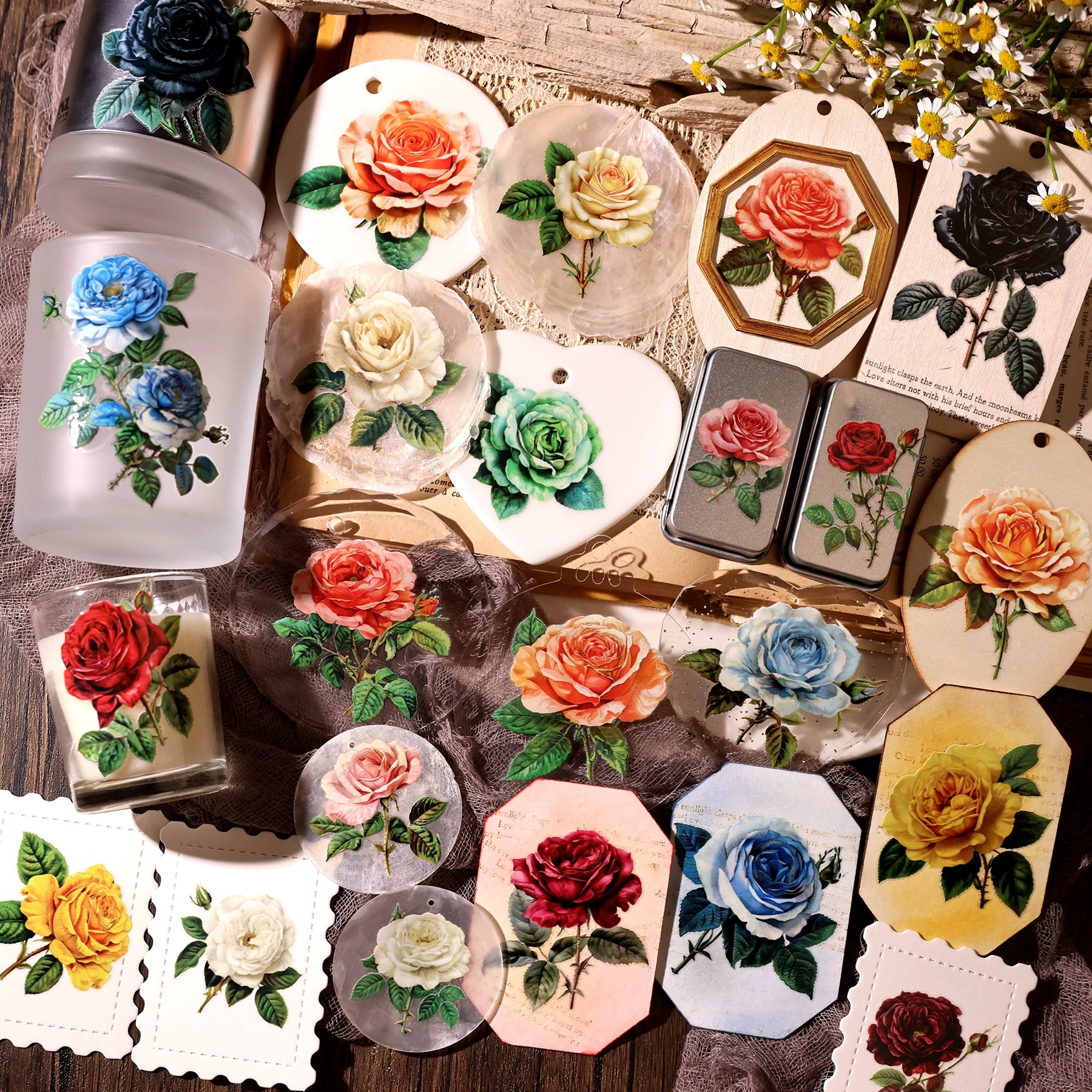 2 Sheets Waterproof Rub on Stickers - Vintage Rose