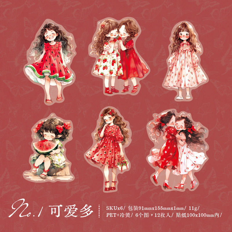 12 Pcs Cute Girl PET Stickers XRKAD