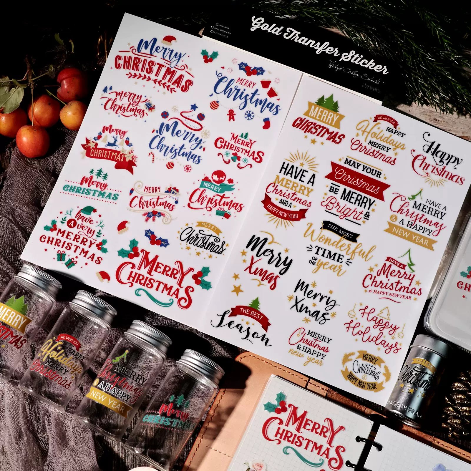 2 Sheets Waterproof Rub on Stickers - Happy Christmas