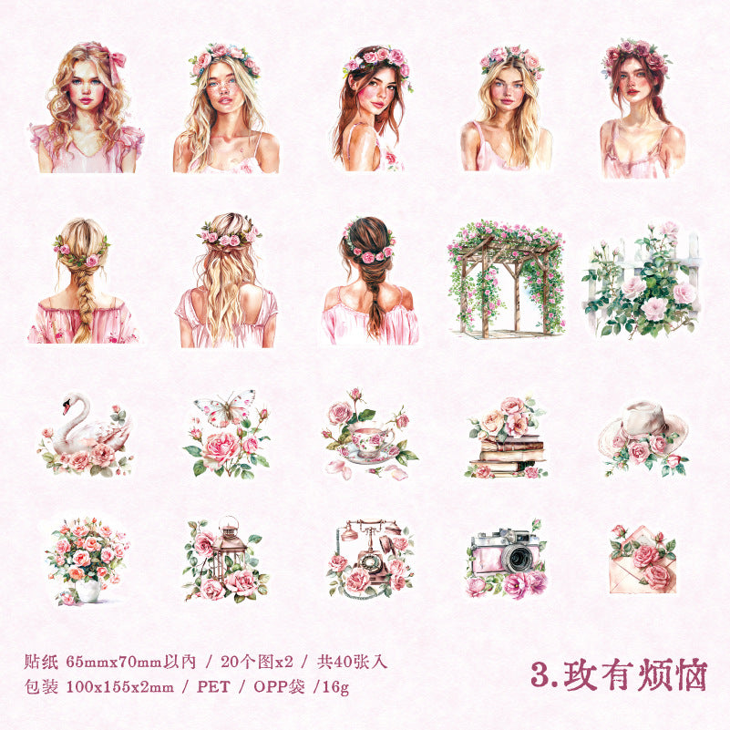40 Pcs Flower Girl PET Stickers XMES