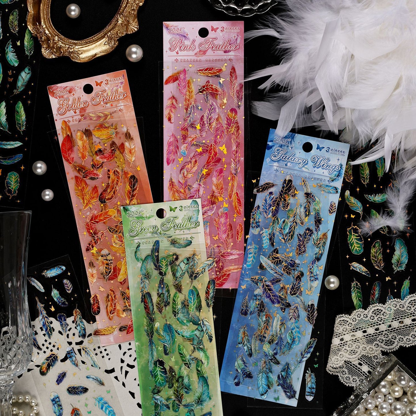 3 Sheets Gold Foil Feather PET Stickers YLWG