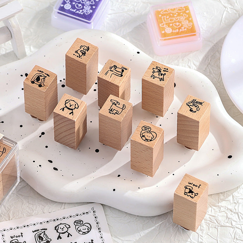 9 Pcs Cute Animal Wooden Stamp Set XZJS