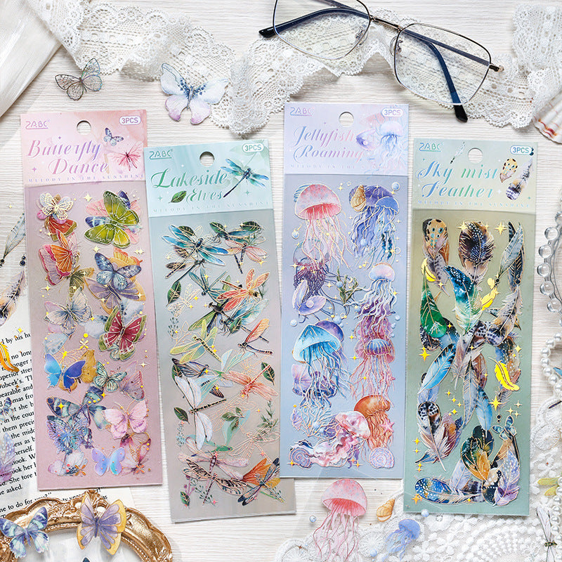 3 Sheets Feather Jellyfish PET Stickers LGMY