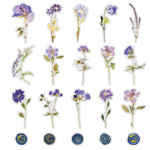 40 Pcs Vintage Pressed Flower Wax Seal Stickers- Blue