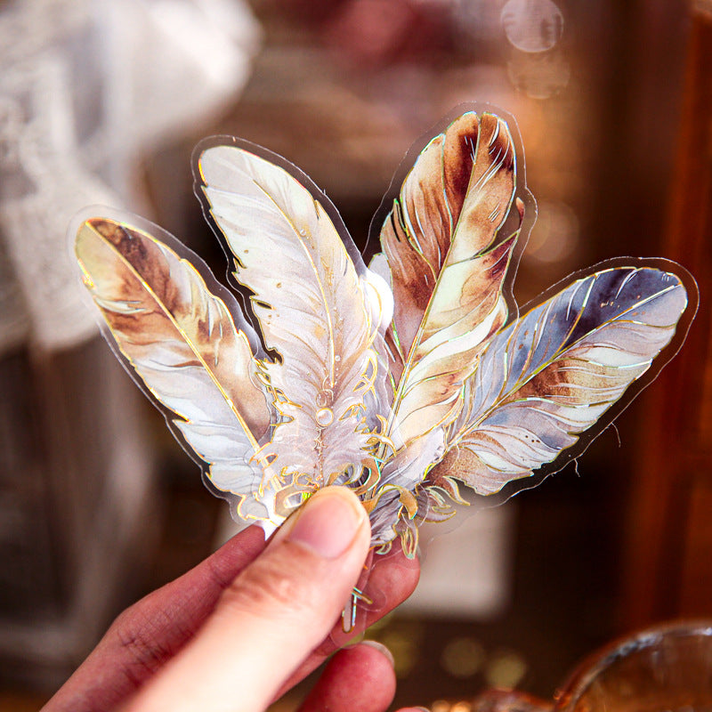 15 Pcs Gold Foil Vintage Feather PET Stickers YYPZ