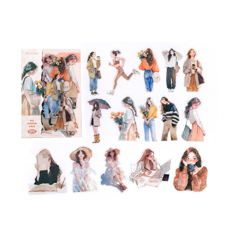 30 Pcs Korean Watercolor Fashion Girl PET Stickers KXSKC