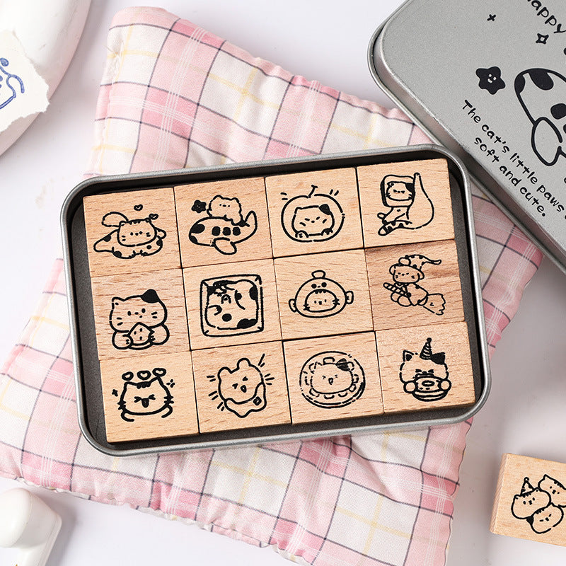 12 Pcs Cat Wooden Stamps Kit YXMM
