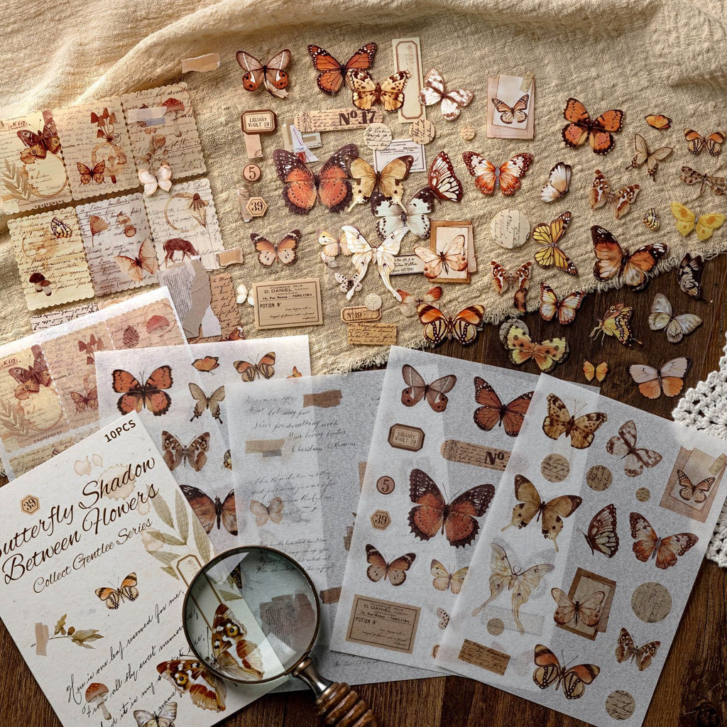 10 Sheets Coffee Butterfly Flower Stickers Book SCWR