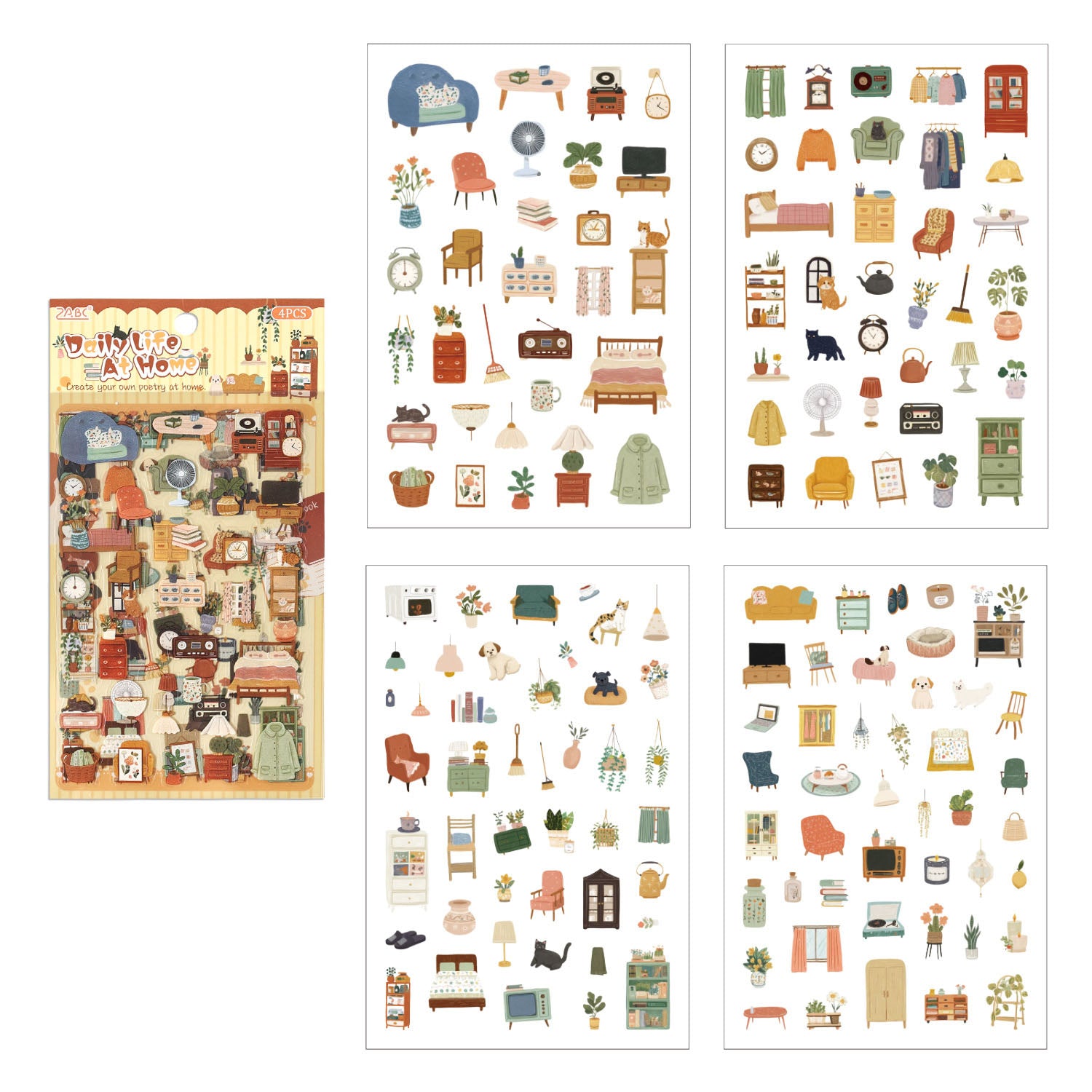 4 Pcs Everyday Journal PET Stickers - Home Life