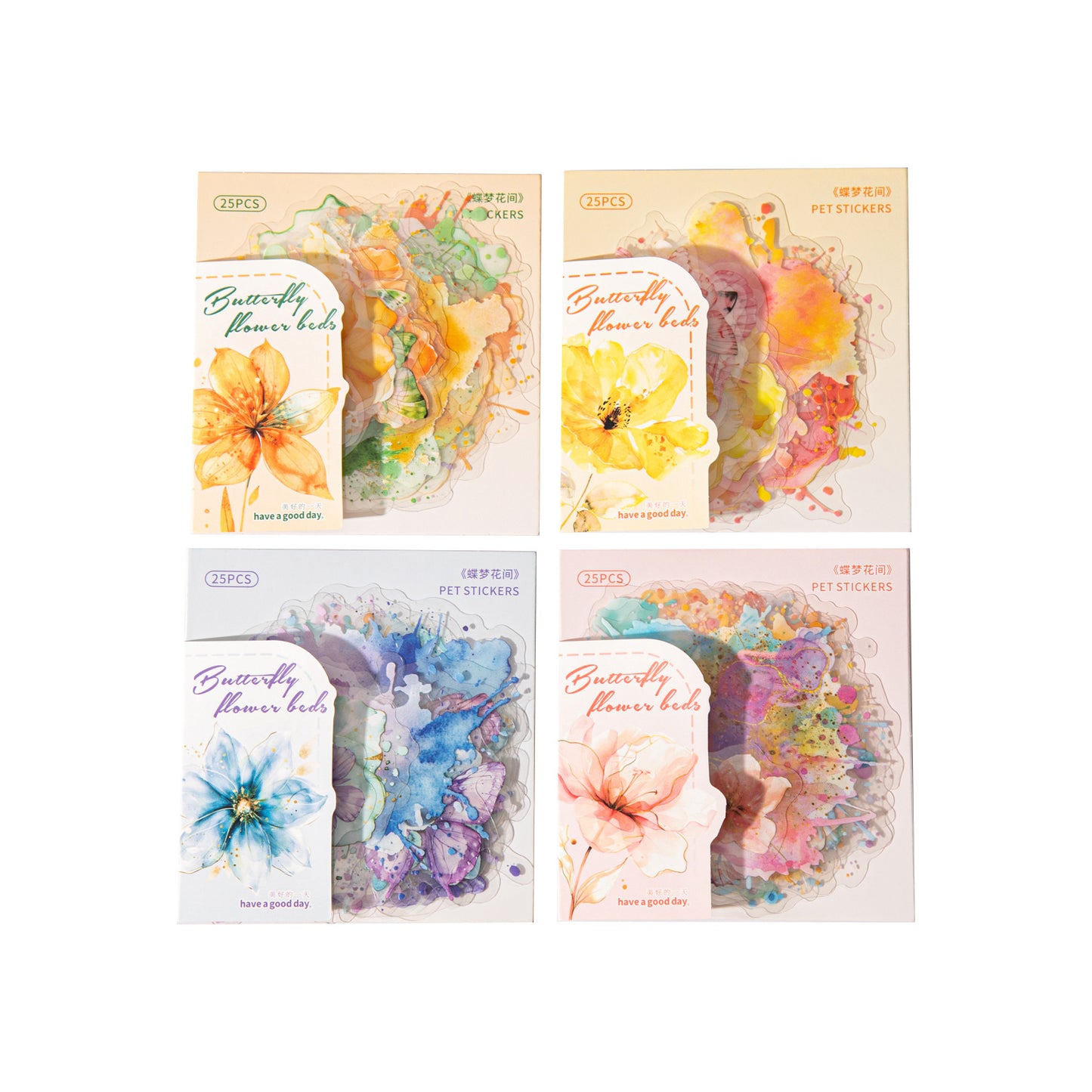 25 Pcs Watercolro Flower Butterfly PET Stickers DMHJ