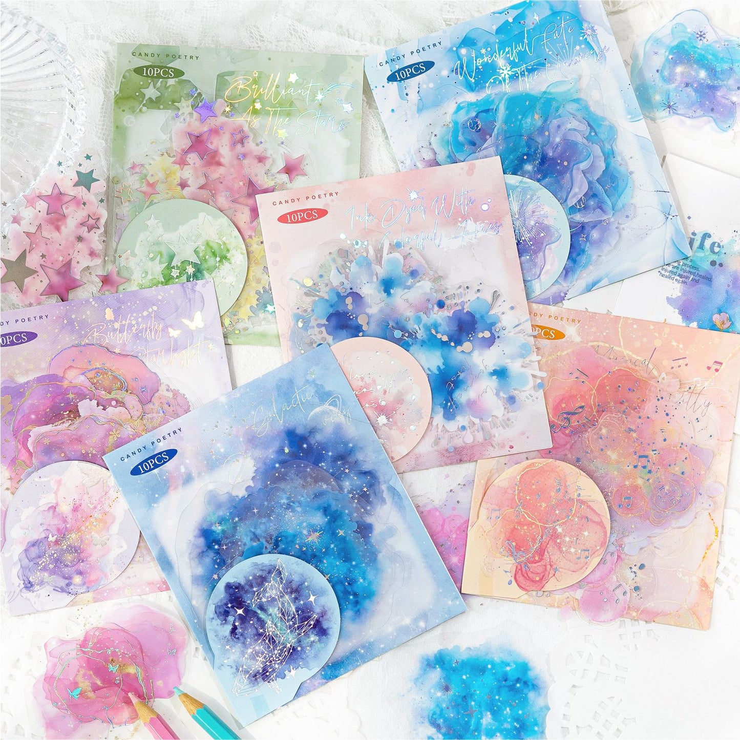 10 Pcs Watercolor Glitter Galexy PET Stickers LGYC