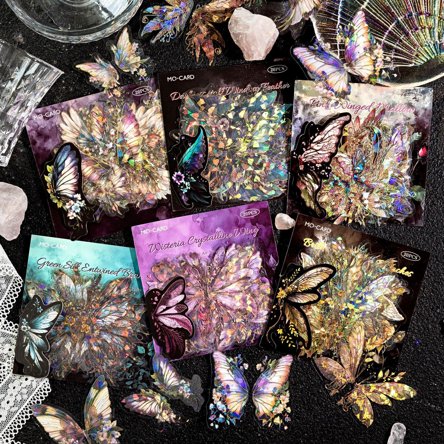 20 Pcs Glitter Butterfly Feather PET Stickers LKJY